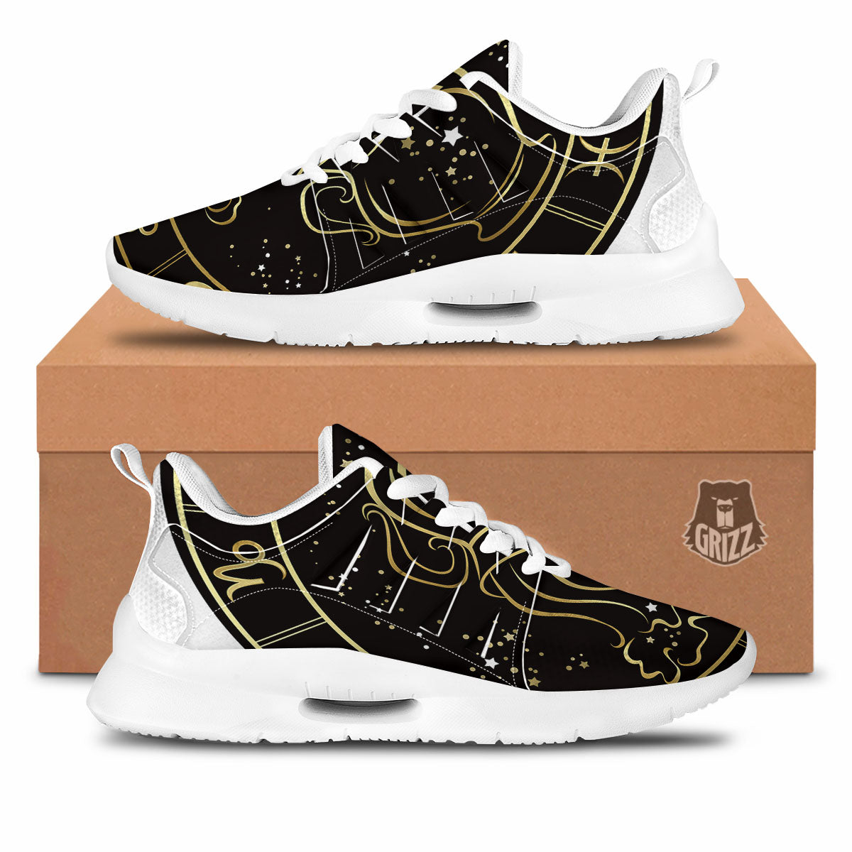 Aquarius Sign Black And Gold Print Tennis Shoes-grizzshop