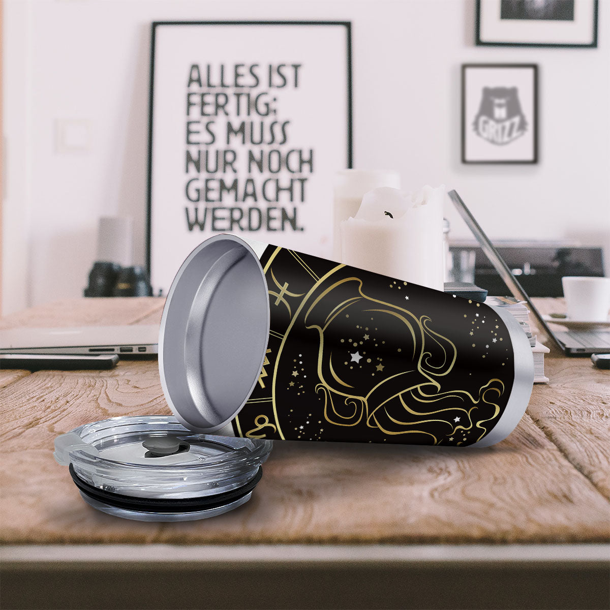Aquarius Sign Black And Gold Print Tumbler-grizzshop