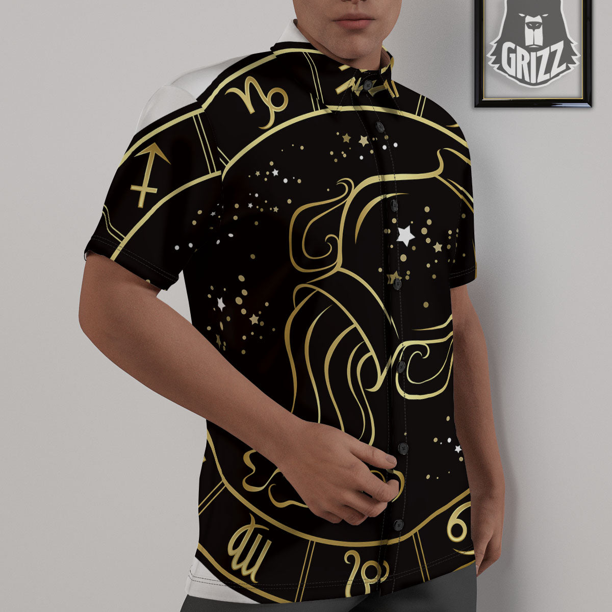 Aquarius Sign Black And Gold Print Untucked Shirts-grizzshop