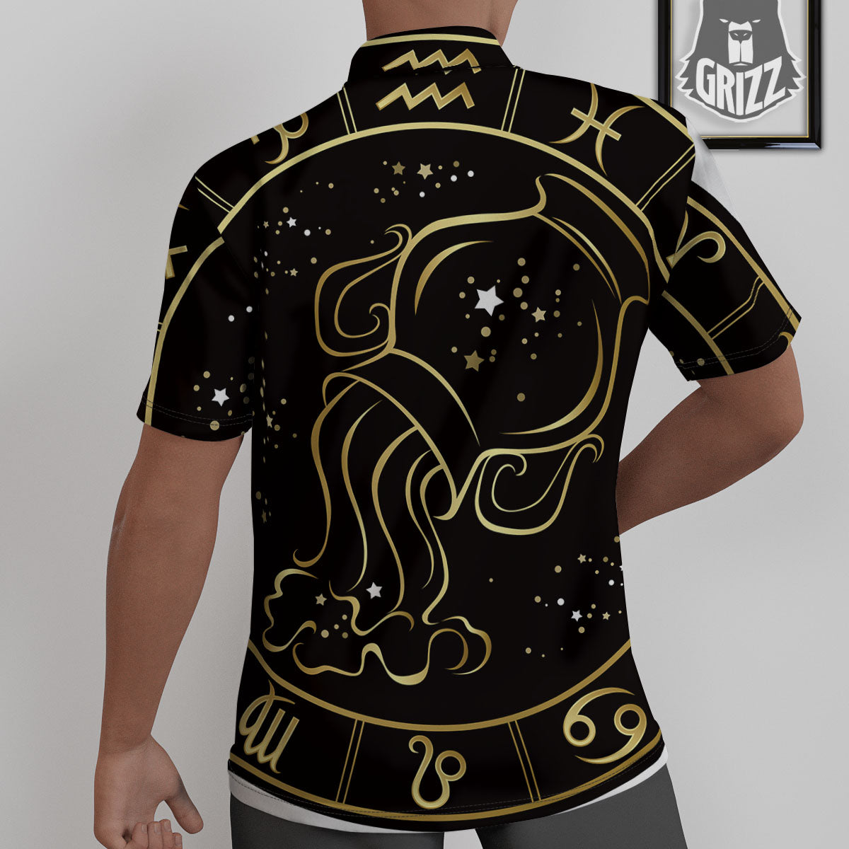 Aquarius Sign Black And Gold Print Untucked Shirts-grizzshop