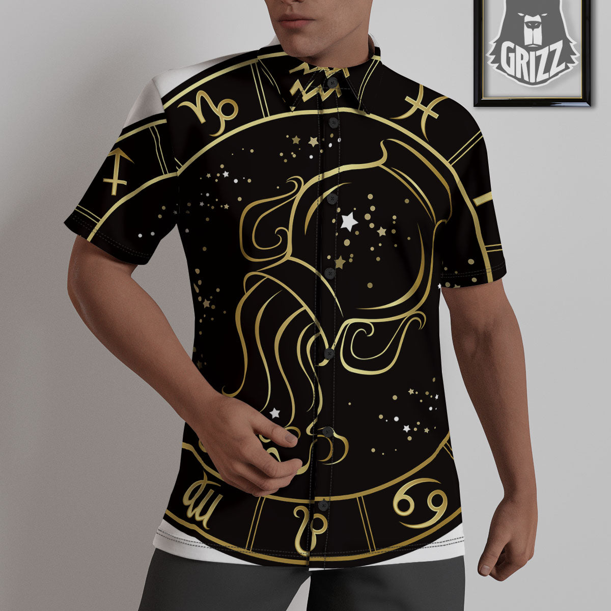 Aquarius Sign Black And Gold Print Untucked Shirts-grizzshop