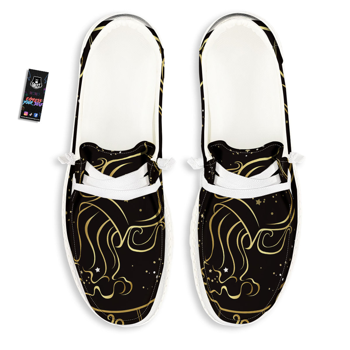 Aquarius Sign Black And Gold Print White Loafers-grizzshop