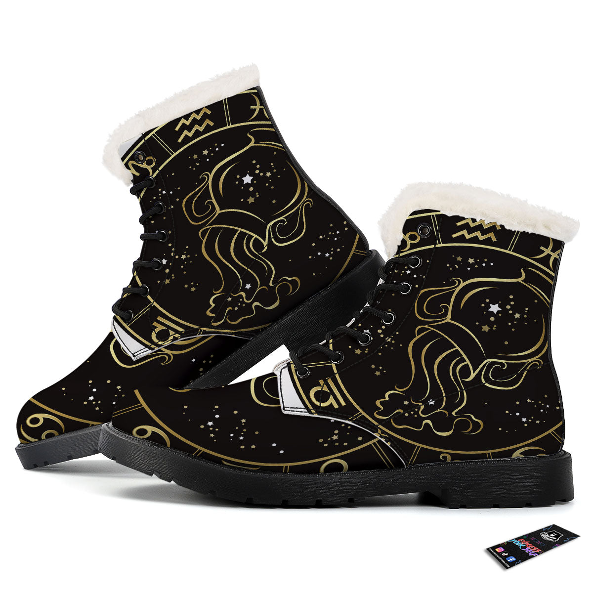 Aquarius Sign Black And Gold Print Winter Boots-grizzshop