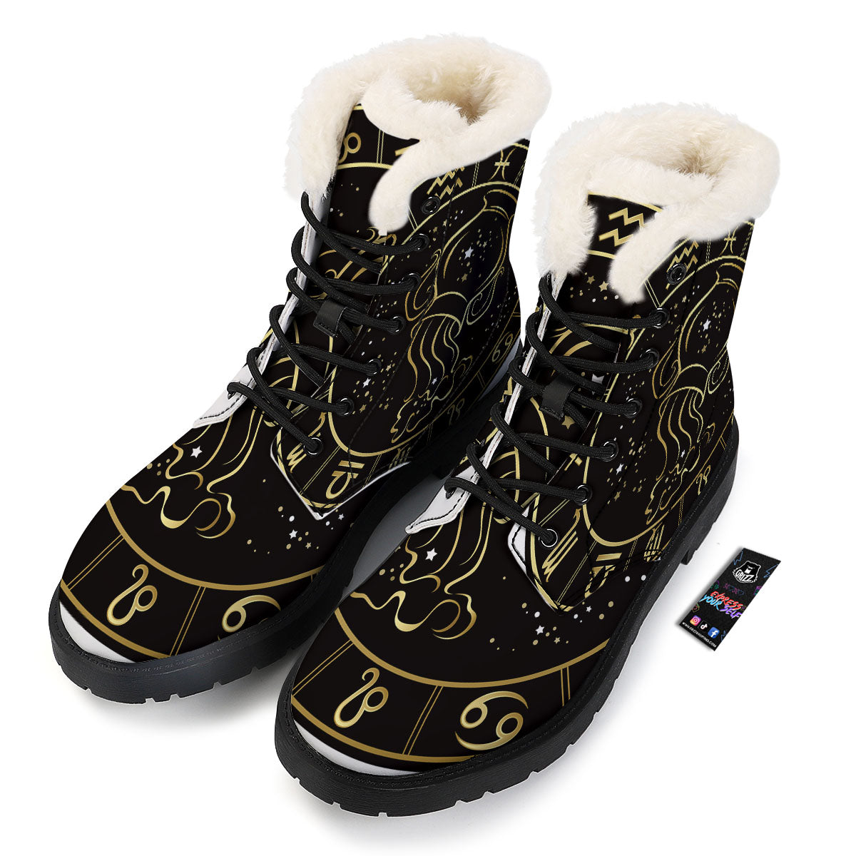 Aquarius Sign Black And Gold Print Winter Boots-grizzshop