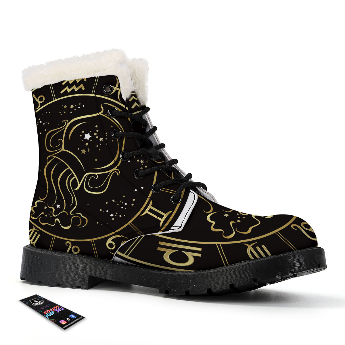 Aquarius Sign Black And Gold Print Winter Boots-grizzshop