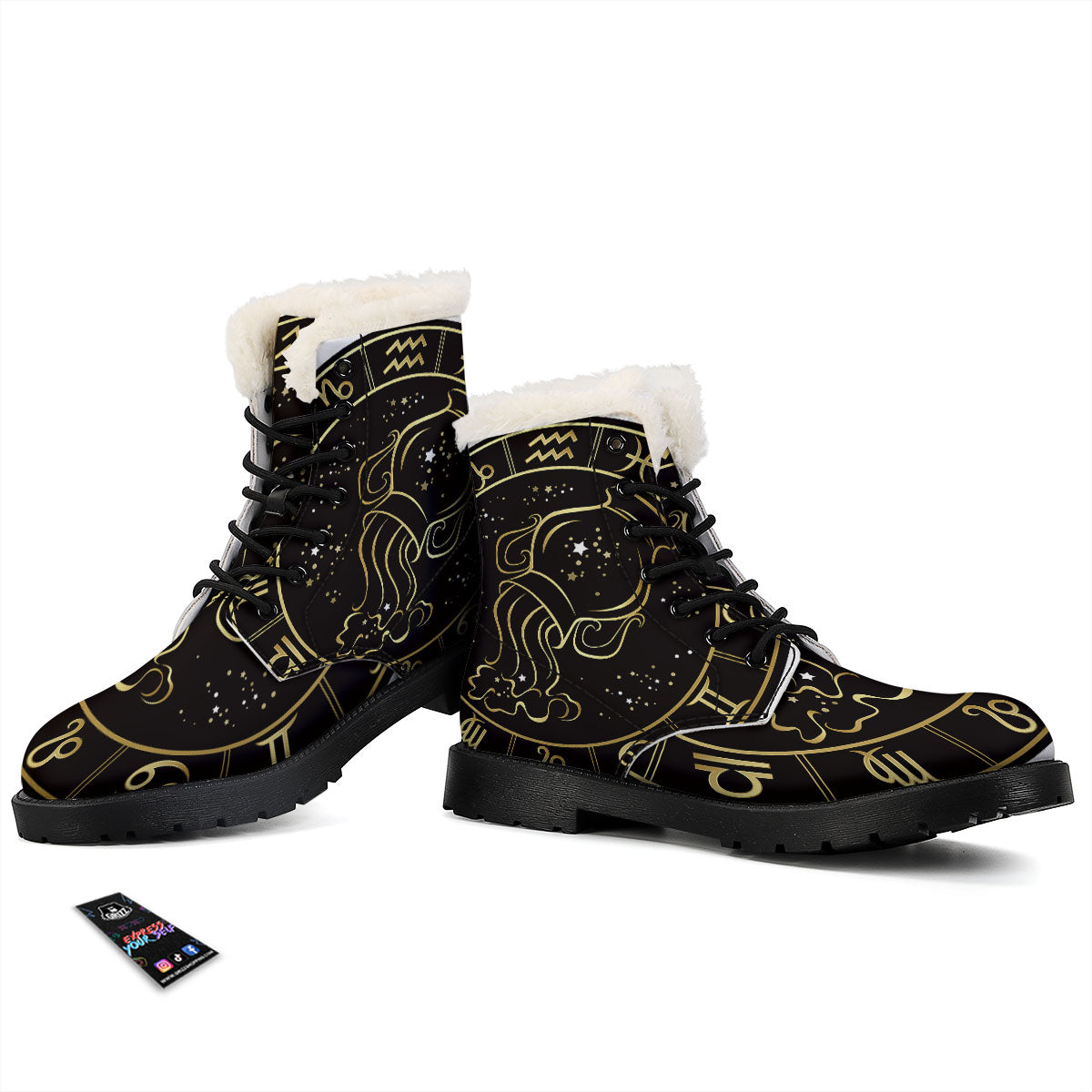 Aquarius Sign Black And Gold Print Winter Boots-grizzshop