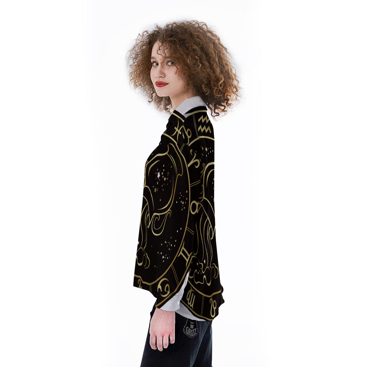 Aquarius Sign Black And Gold Print Women's Long Sleeve Shirts-grizzshop
