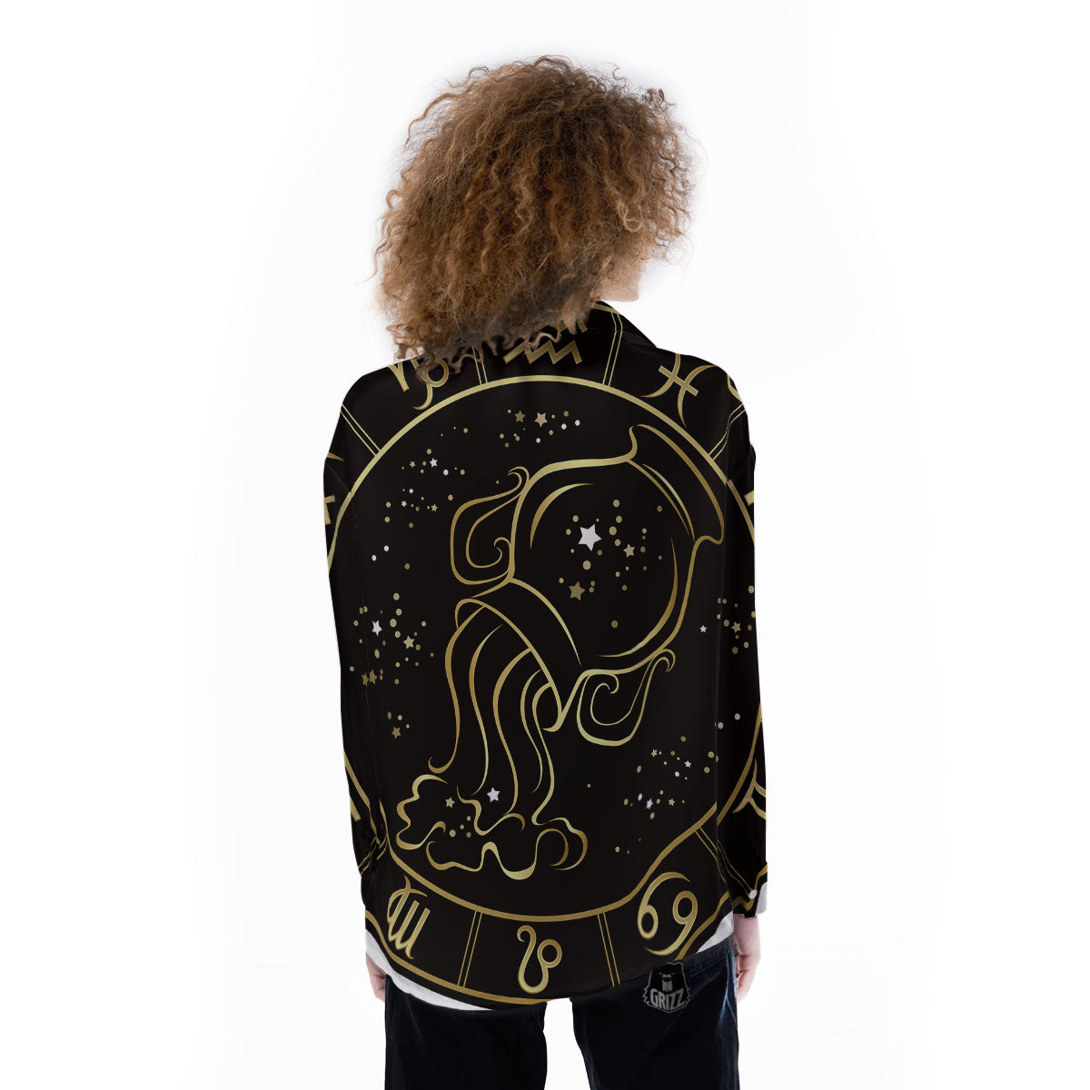 Aquarius Sign Black And Gold Print Women's Long Sleeve Shirts-grizzshop