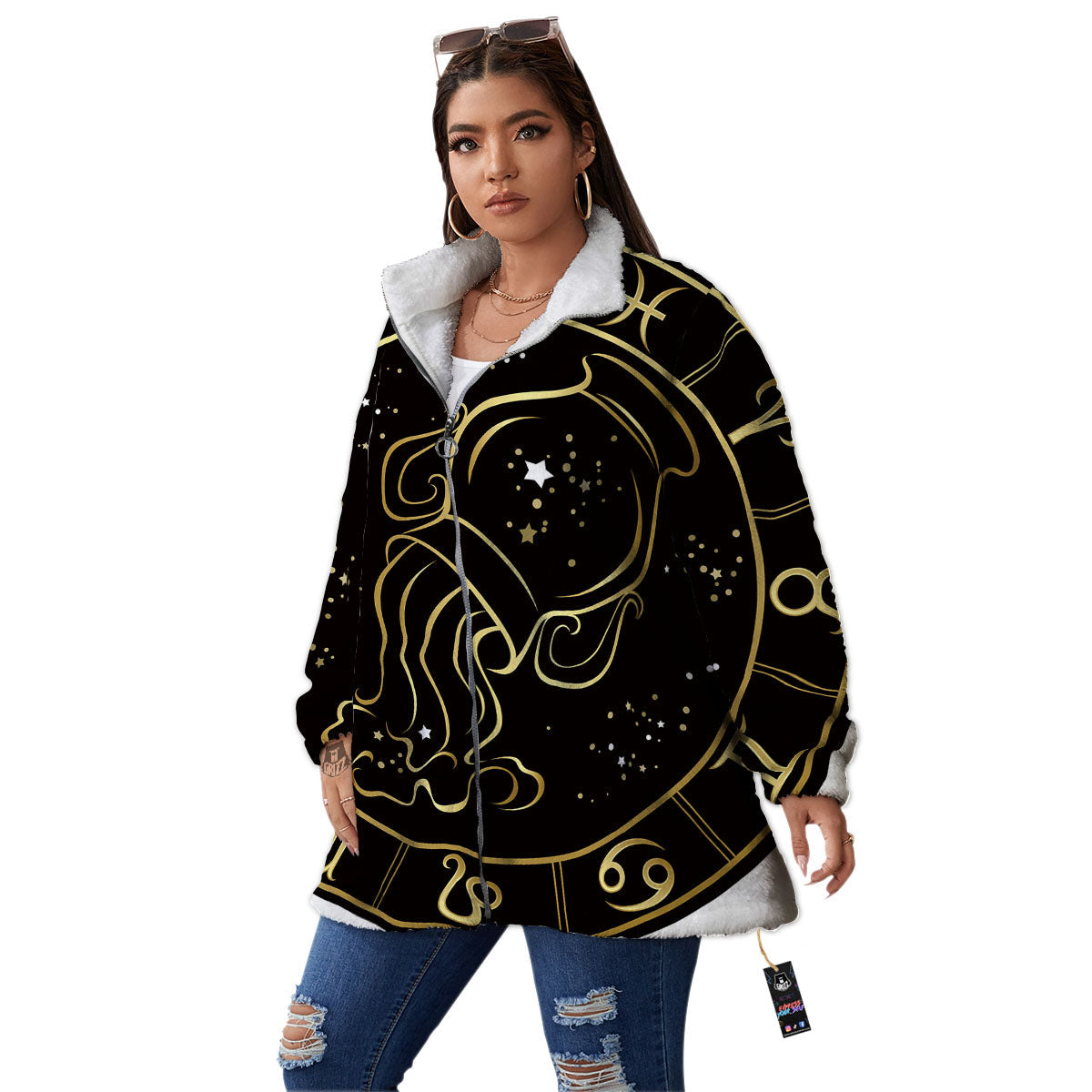 Aquarius Sign Black And Gold Print Women's Sherpa Jacket-grizzshop