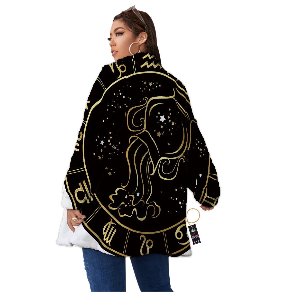 Aquarius Sign Black And Gold Print Women's Sherpa Jacket-grizzshop