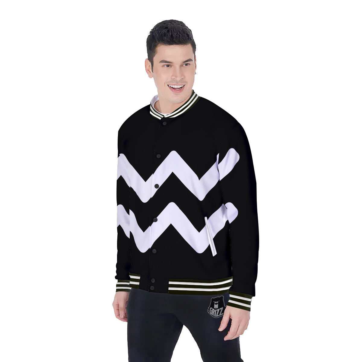 Aquarius Sign White And Black Print Baseball Jacket-grizzshop