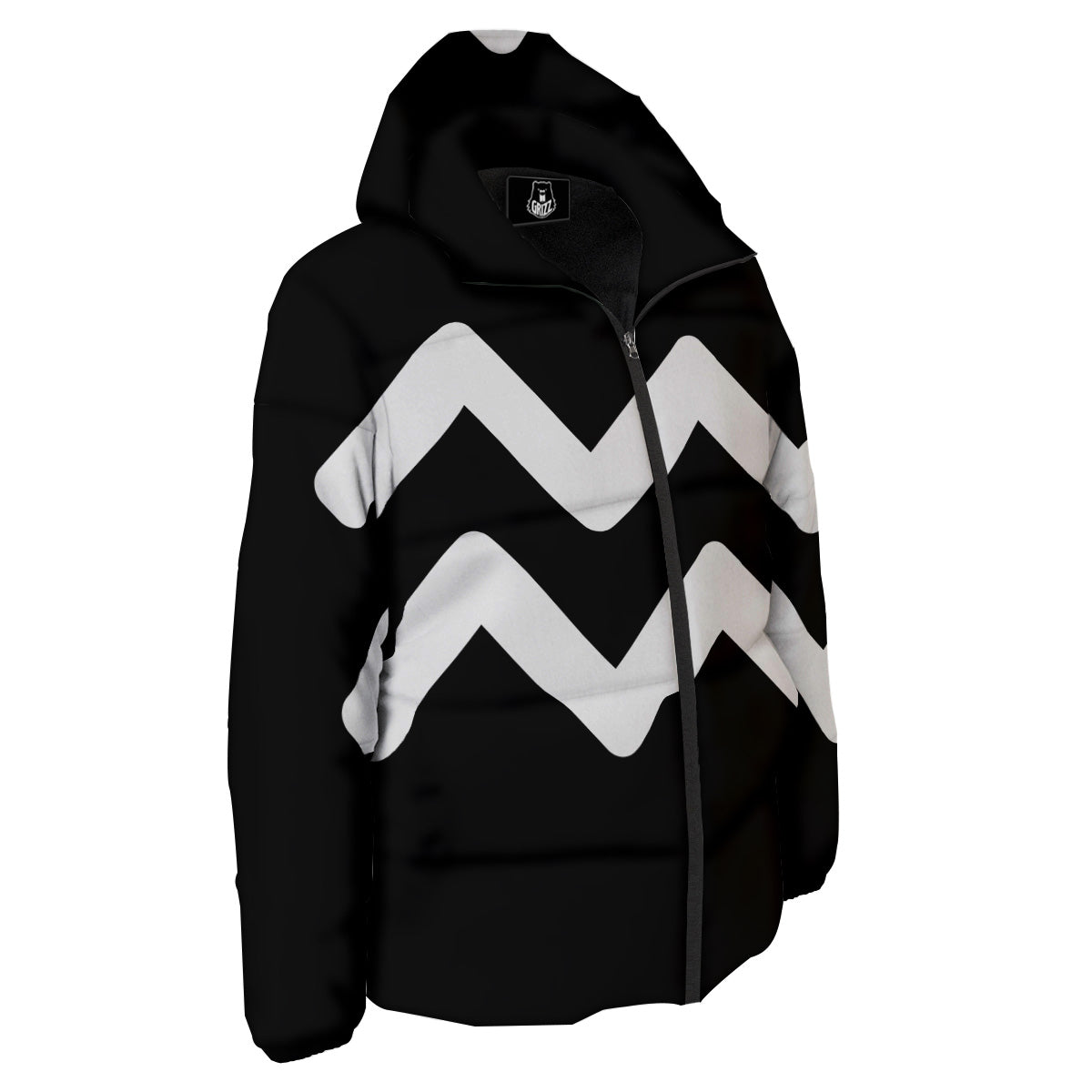 Aquarius Sign White And Black Print Down Jacket-grizzshop