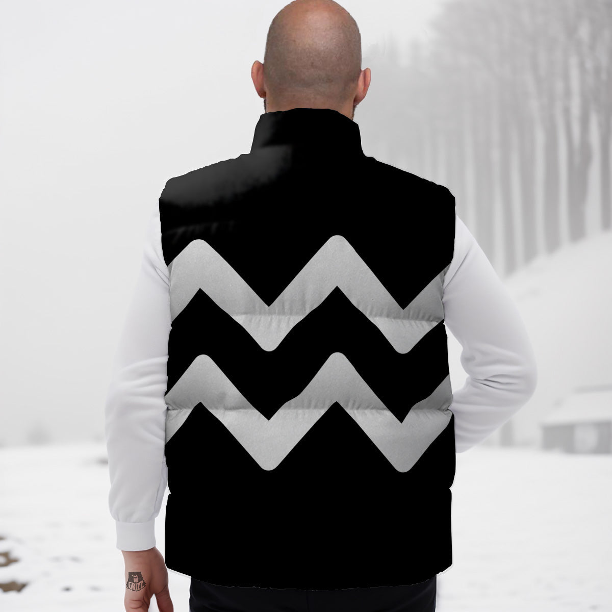 Aquarius Sign White And Black Print Down Vest