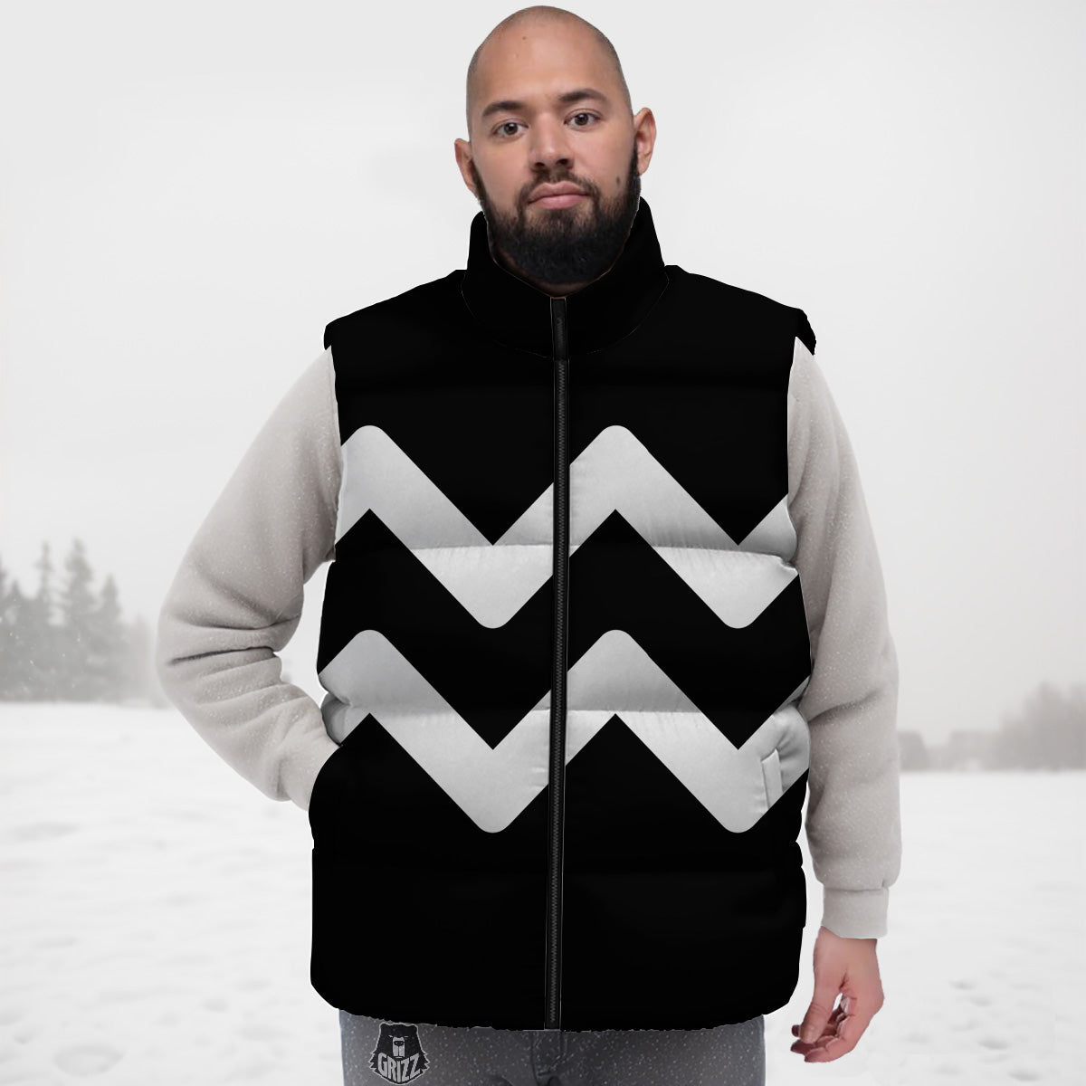 Aquarius Sign White And Black Print Down Vest