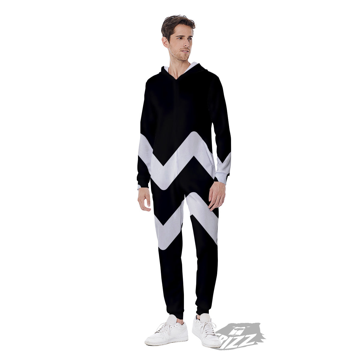 Aquarius Sign White And Black Print Men's Jumpsuit-grizzshop