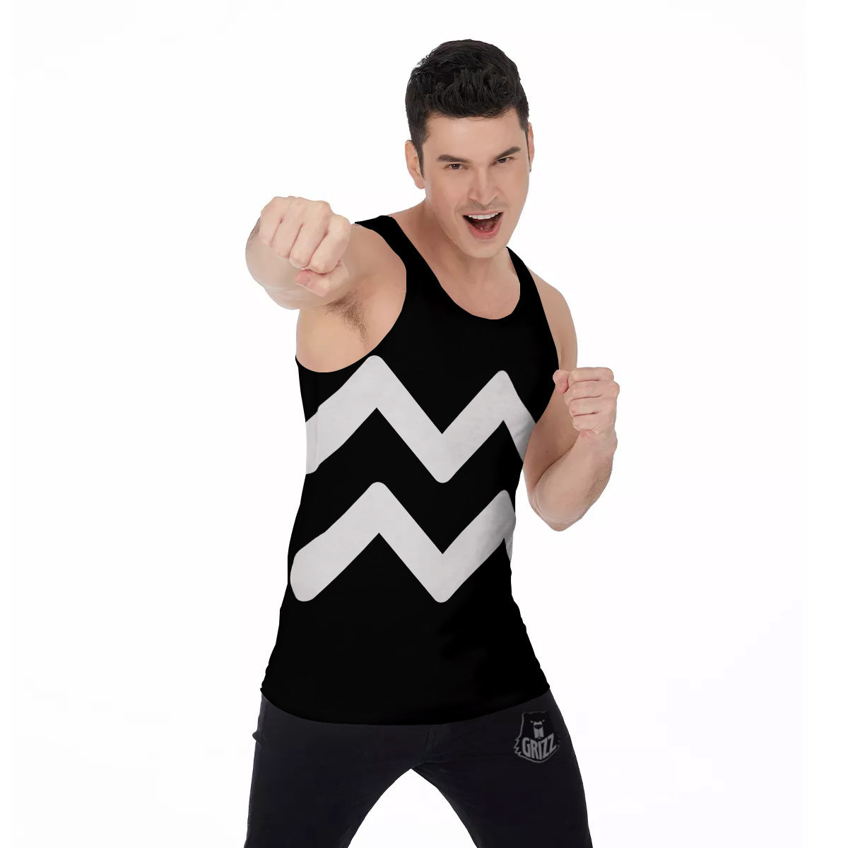 Aquarius Sign White And Black Print Men's Tank Top-grizzshop
