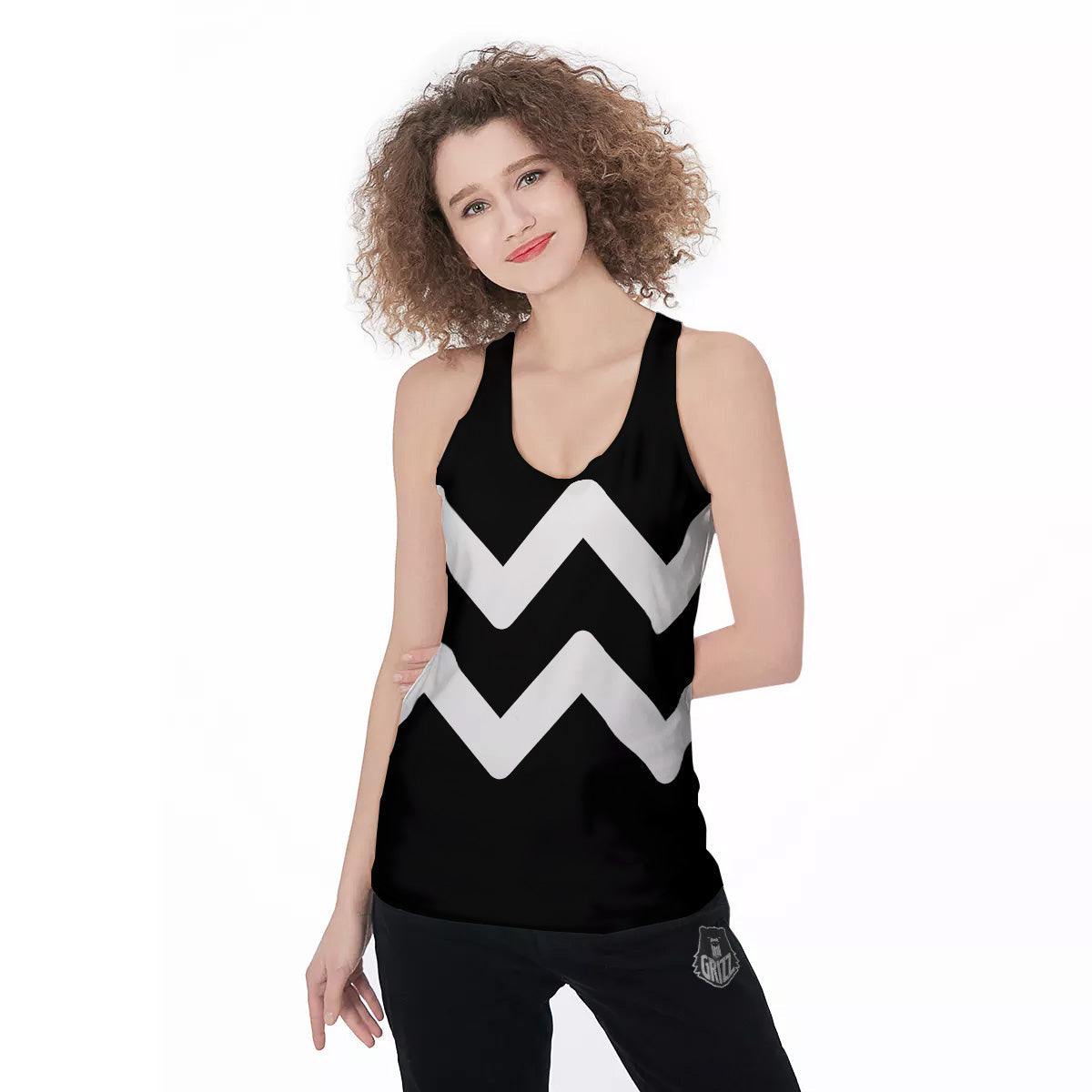 Aquarius Sign White And Black Print Women's Racerback Tank Top-grizzshop