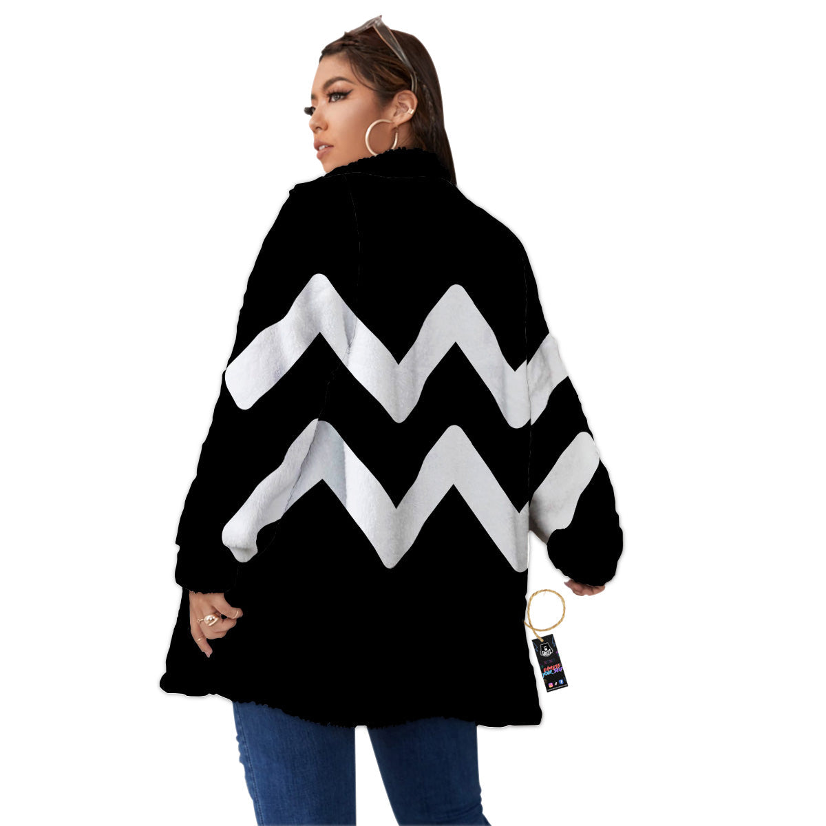 Aquarius Sign White And Black Print Women's Sherpa Jacket-grizzshop
