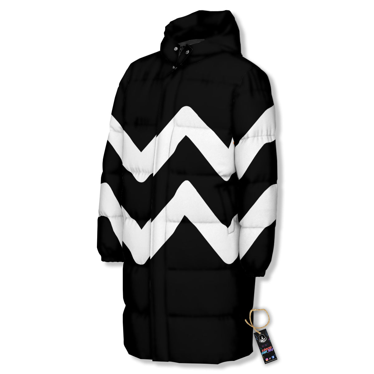 Aquarius Sign White And Black Print Long Down Jacket