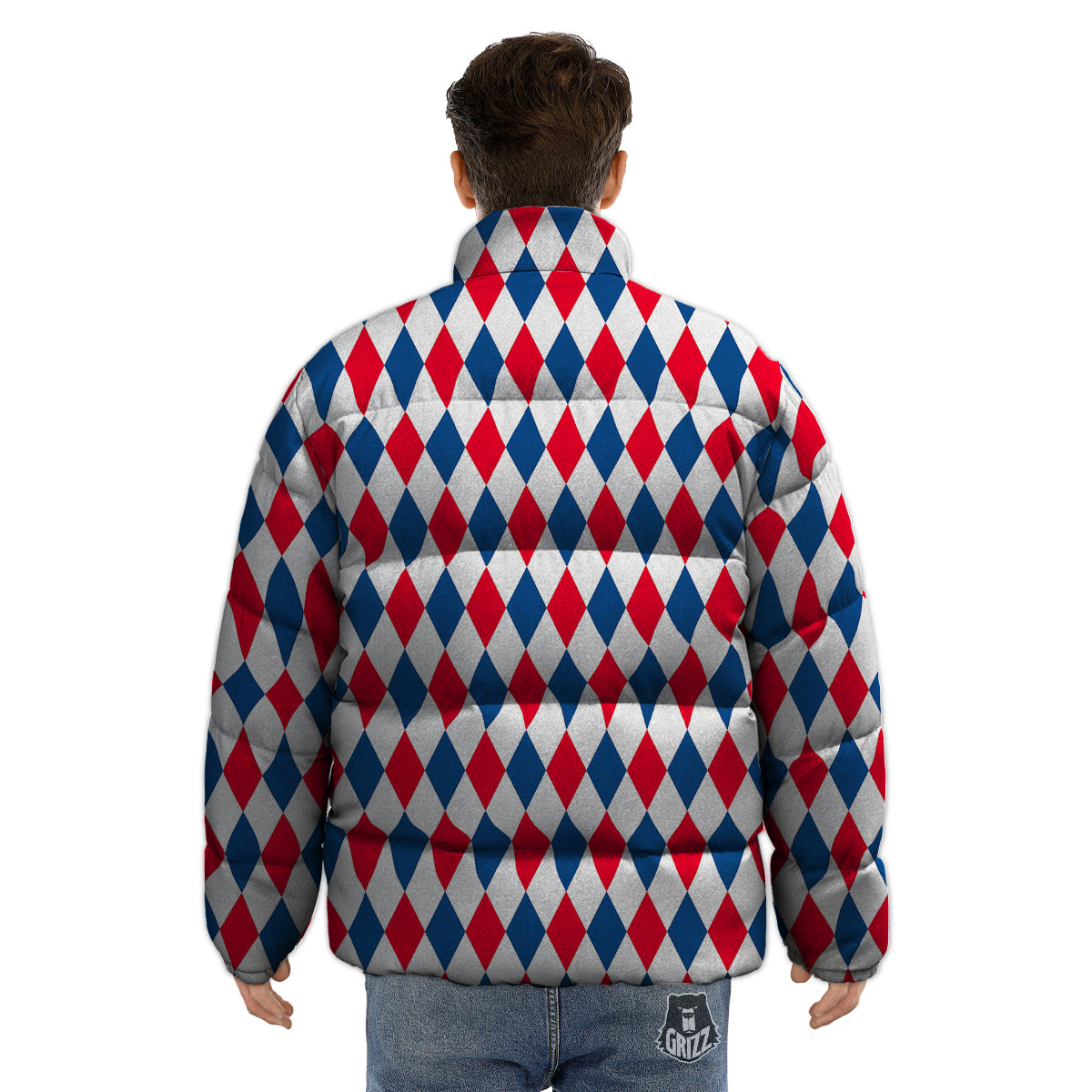 Argyle American Print Pattern Puffer Jacket-grizzshop