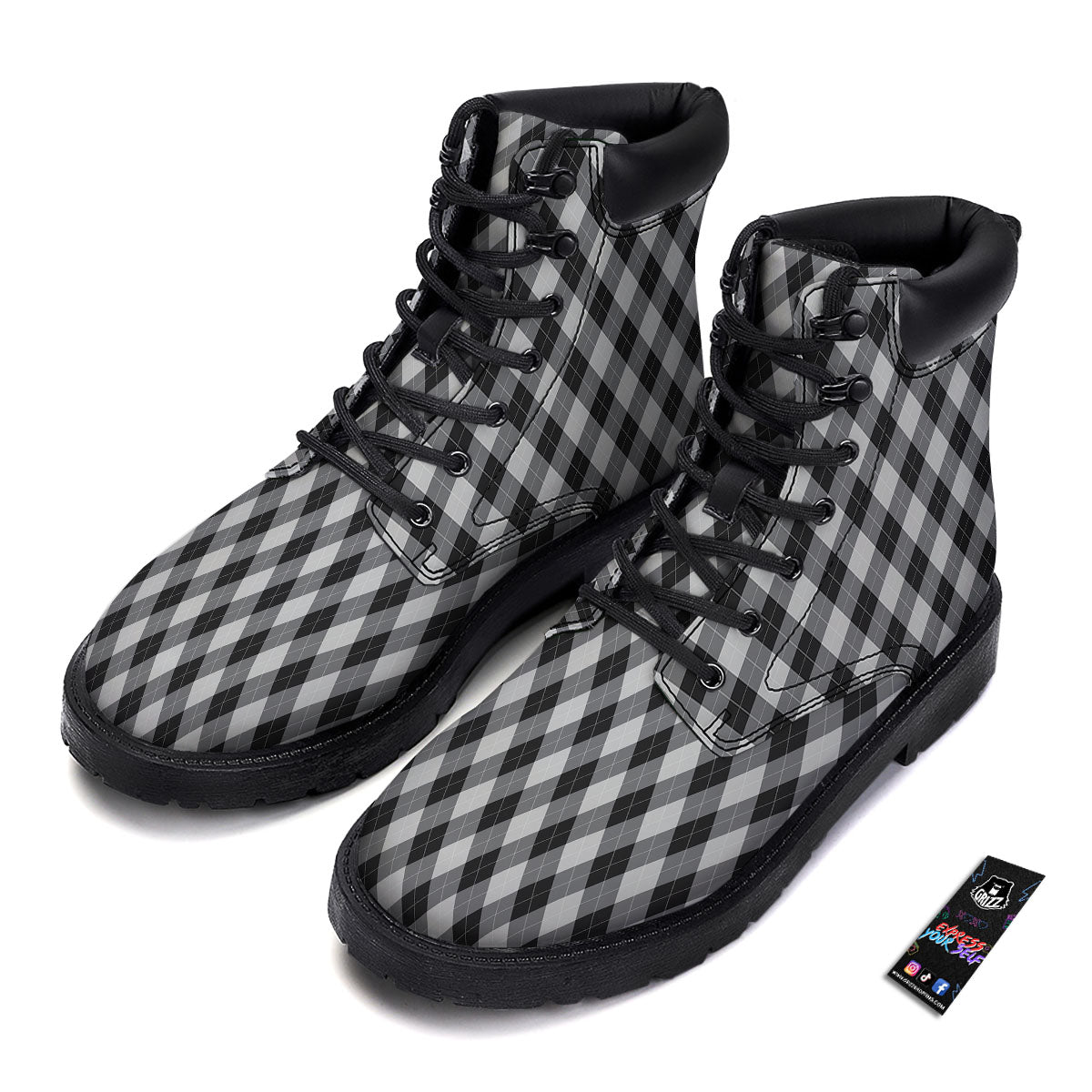 Argyle Black And Grey Print Pattern Boots-grizzshop