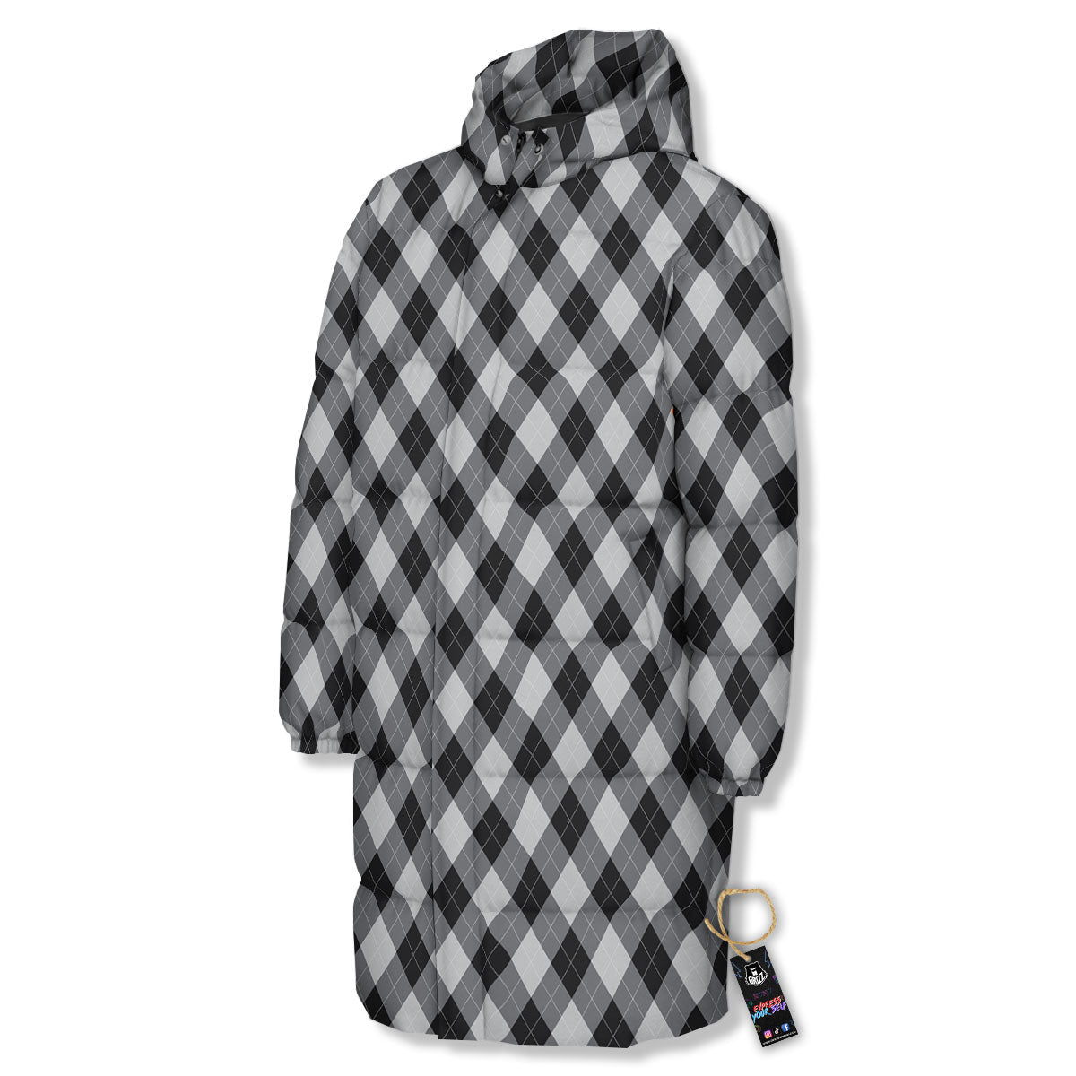 Argyle Black And Grey Print Pattern Long Down Jacket-grizzshop