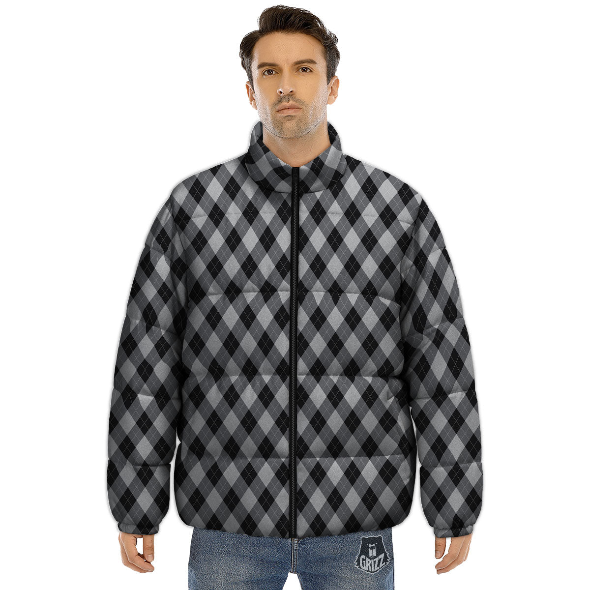 Argyle Black And Grey Print Pattern Puffer Jacket-grizzshop