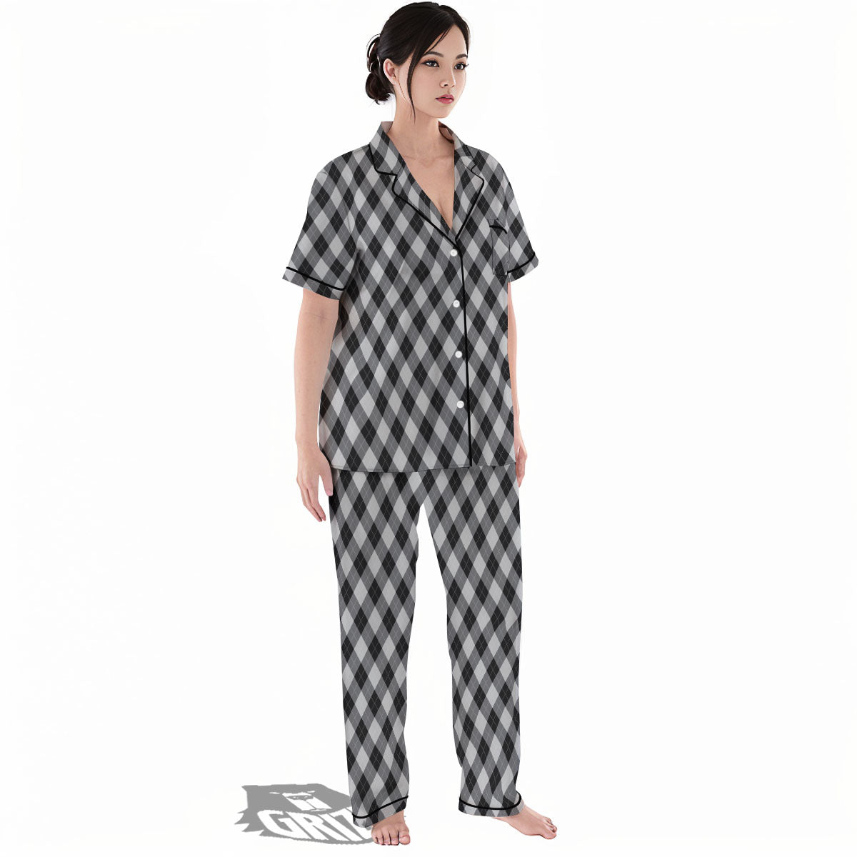 Argyle Black And Grey Print Pattern Women's Pajamas Set-grizzshop