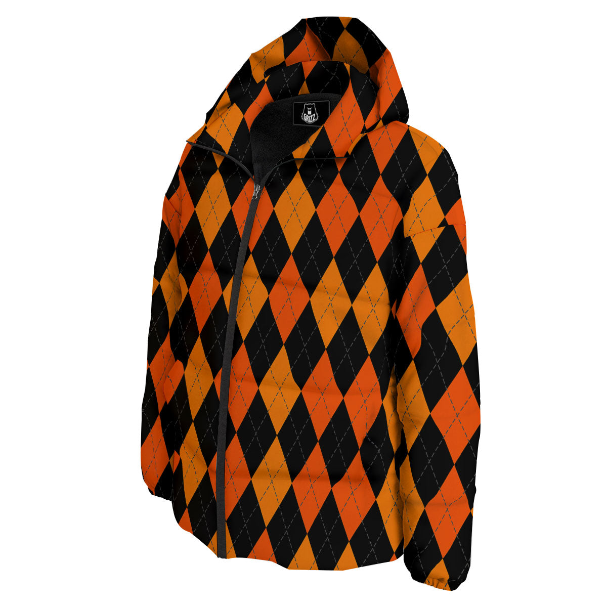 Argyle Black And Orange Print Pattern Down Jacket-grizzshop