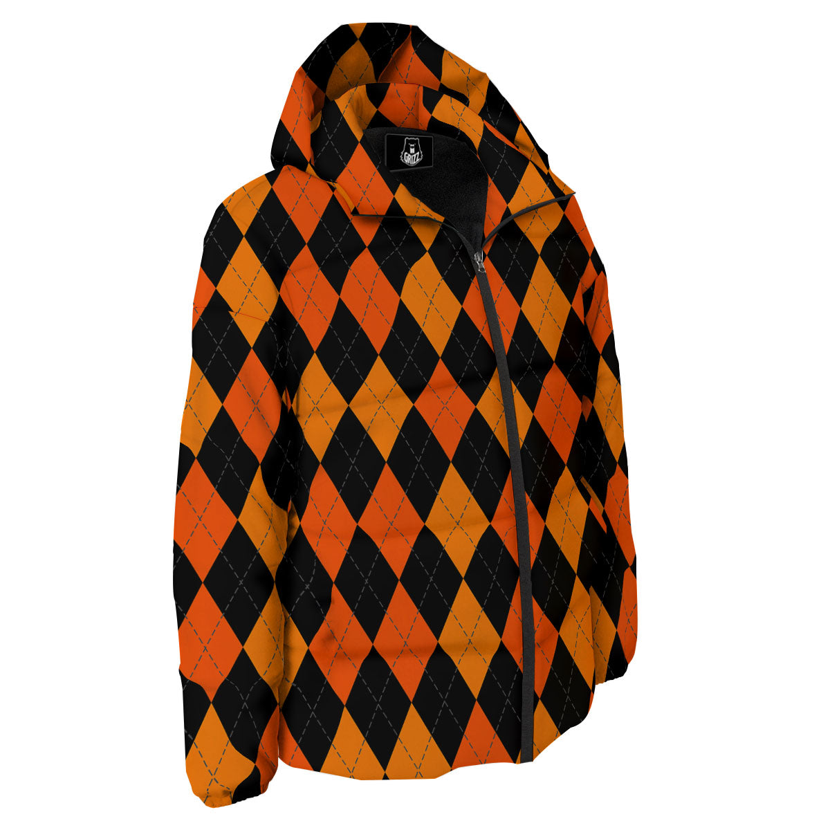 Argyle Black And Orange Print Pattern Down Jacket-grizzshop