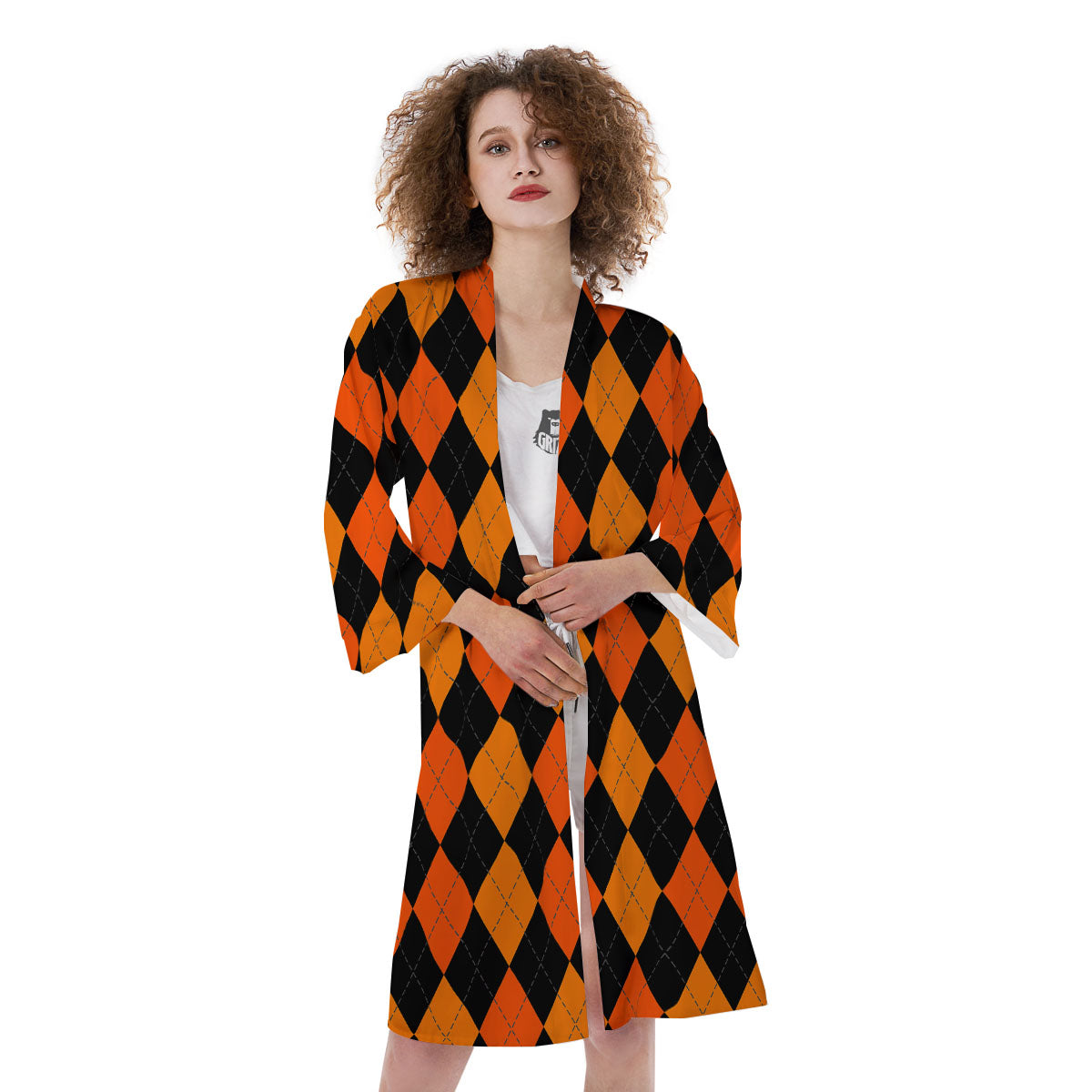 Argyle Black And Orange Print Pattern Kimono-grizzshop