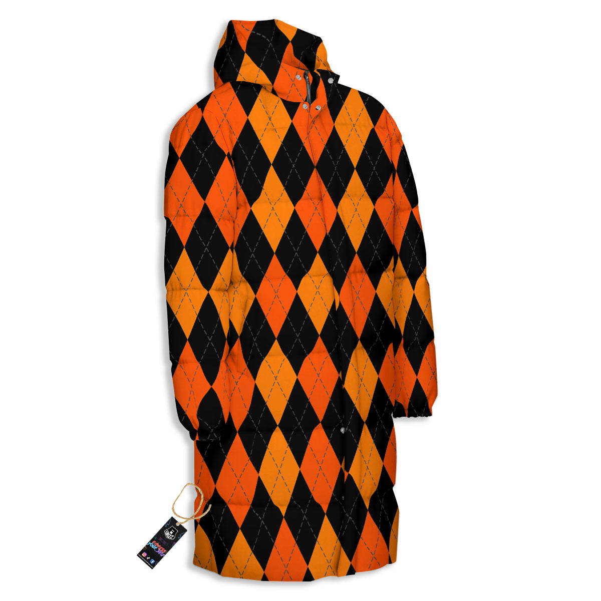 Argyle Black And Orange Print Pattern Long Down Jacket-grizzshop