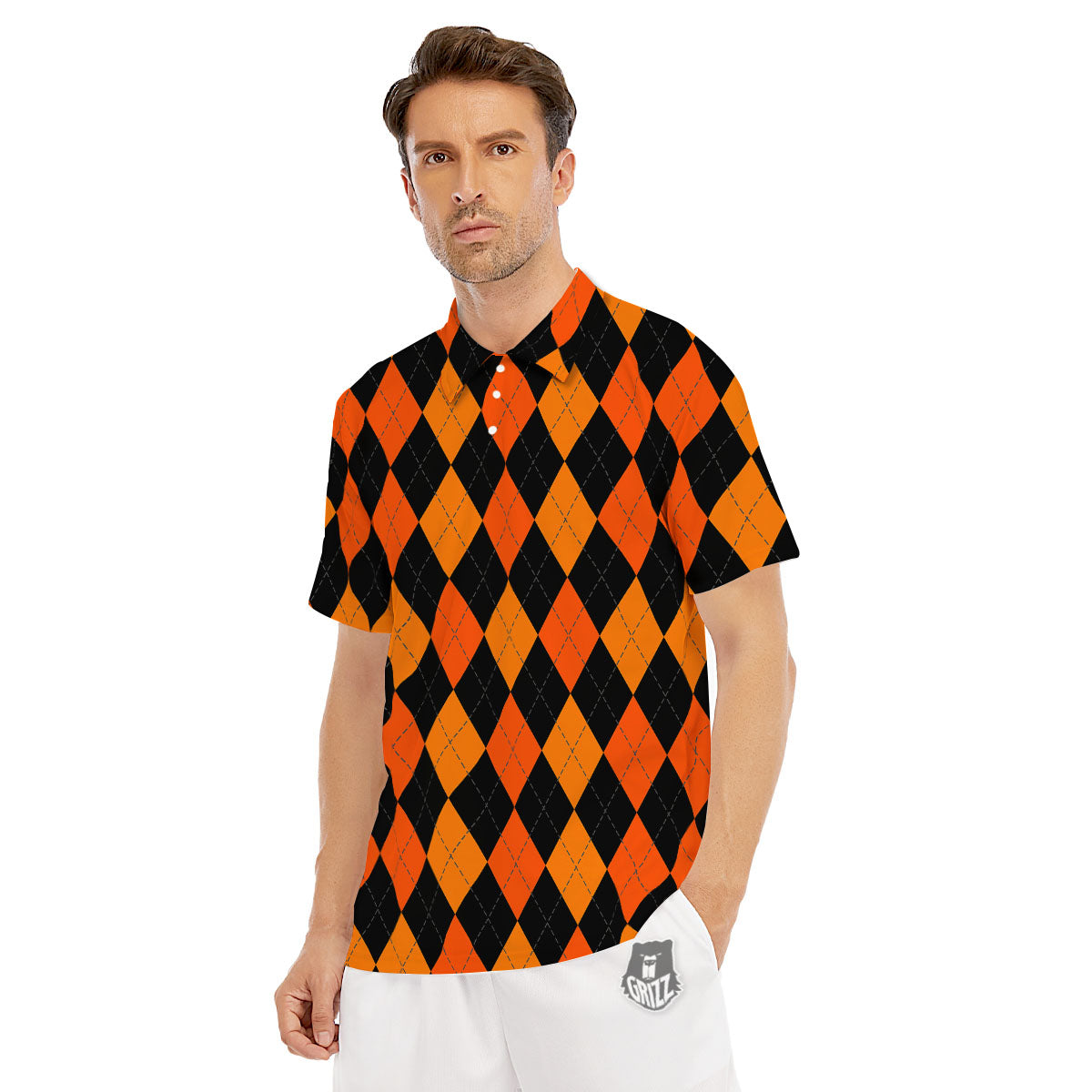 Argyle Black And Orange Print Pattern Men's Golf Shirts-grizzshop