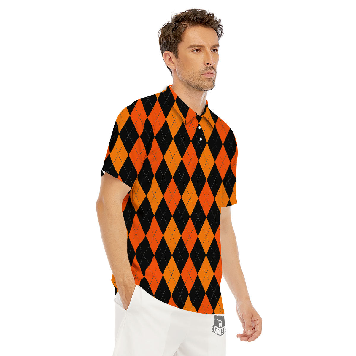 Argyle Black And Orange Print Pattern Men's Golf Shirts-grizzshop