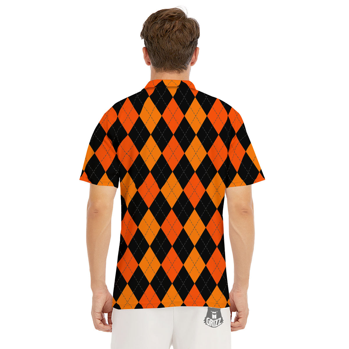 Argyle Black And Orange Print Pattern Men's Golf Shirts-grizzshop