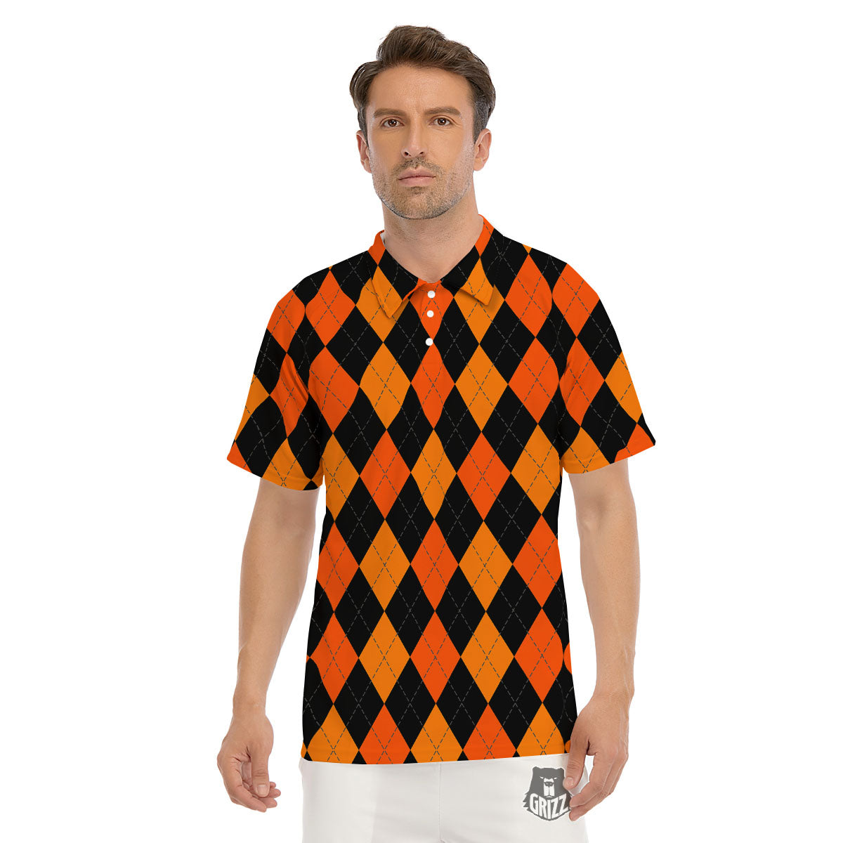 Argyle Black And Orange Print Pattern Men's Golf Shirts-grizzshop