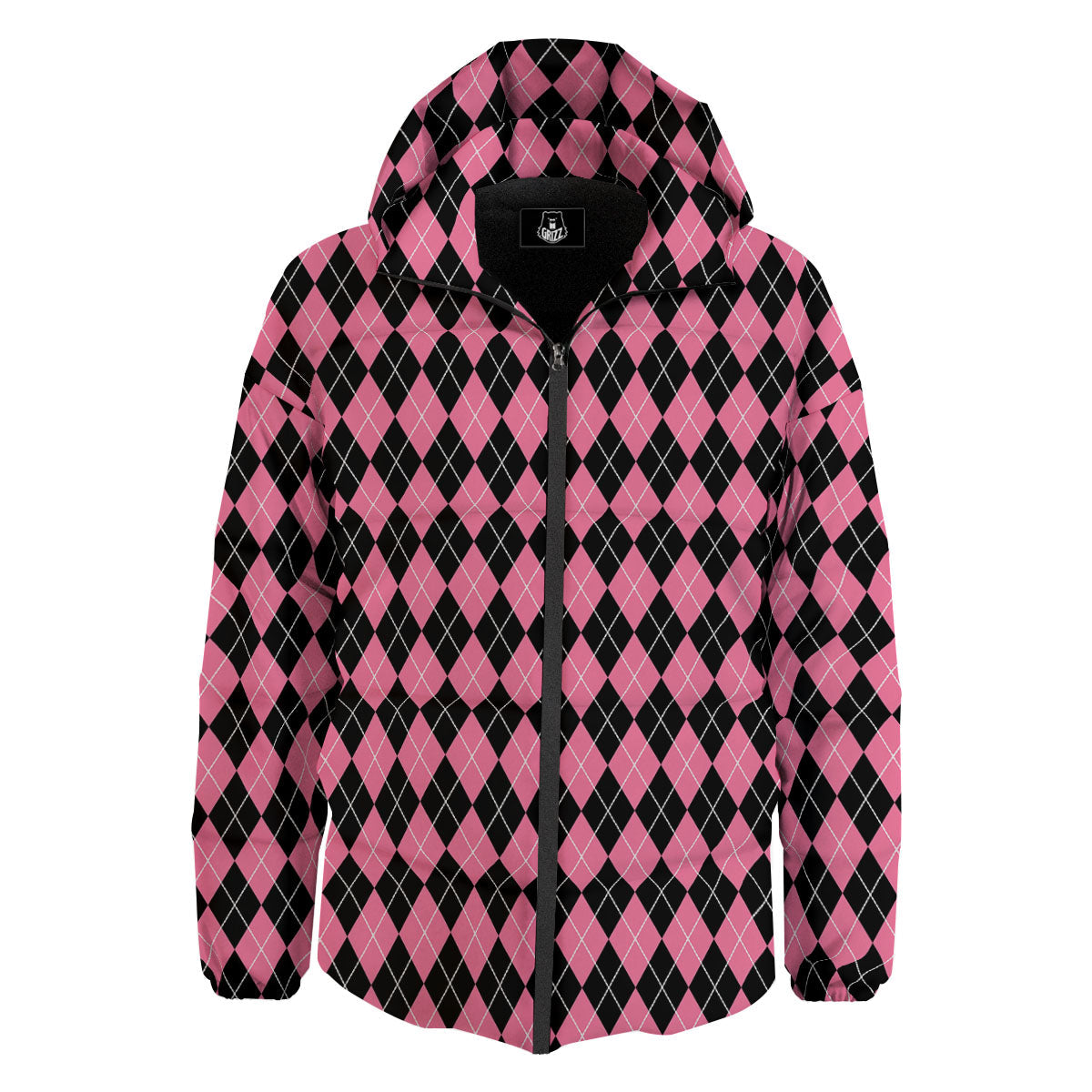 Argyle Black And Pink Print Pattern Down Jacket-grizzshop