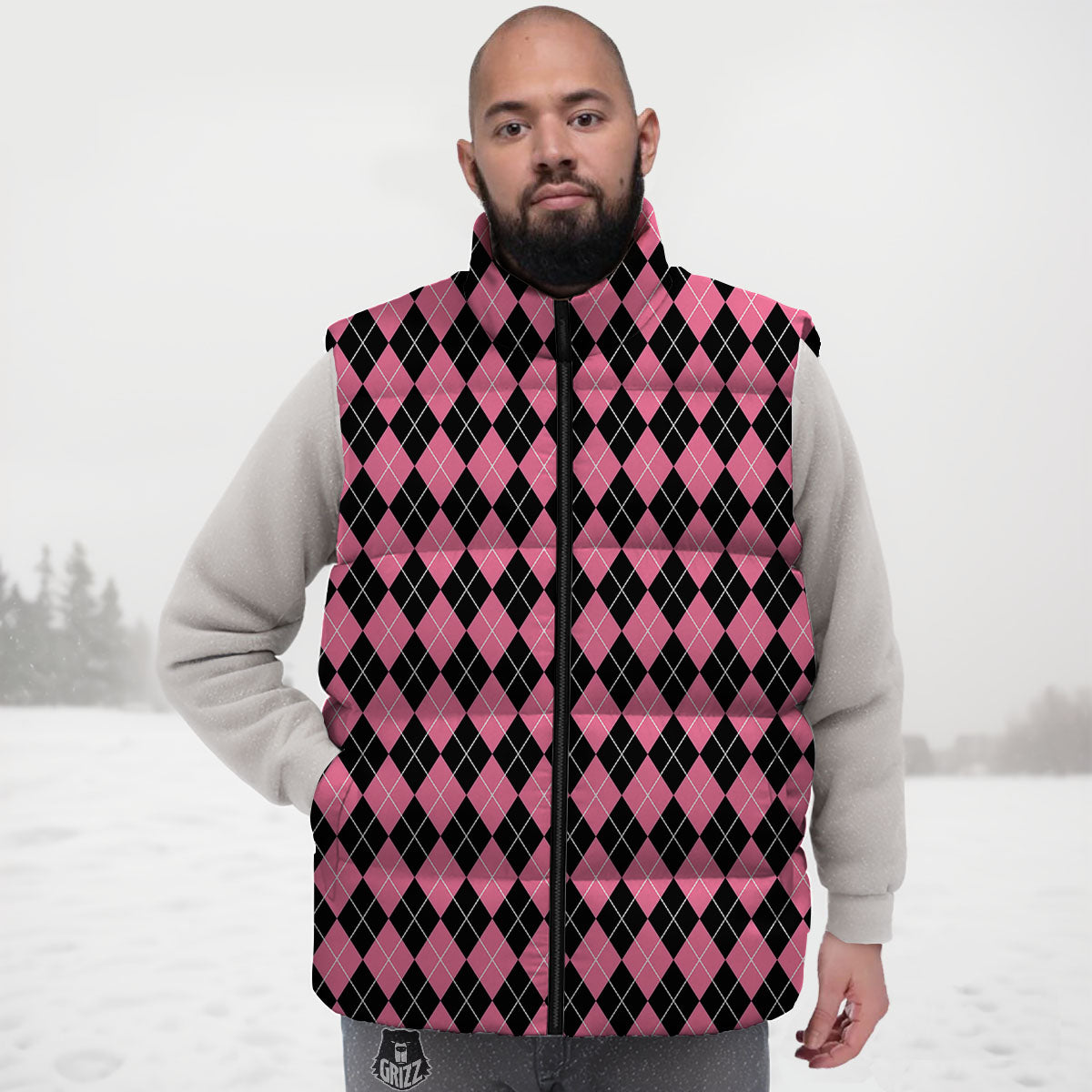 Argyle Black And Pink Print Pattern Down Vest-grizzshop
