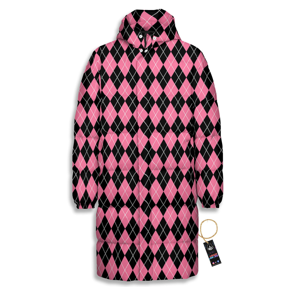 Argyle Black And Pink Print Pattern Long Down Jacket-grizzshop