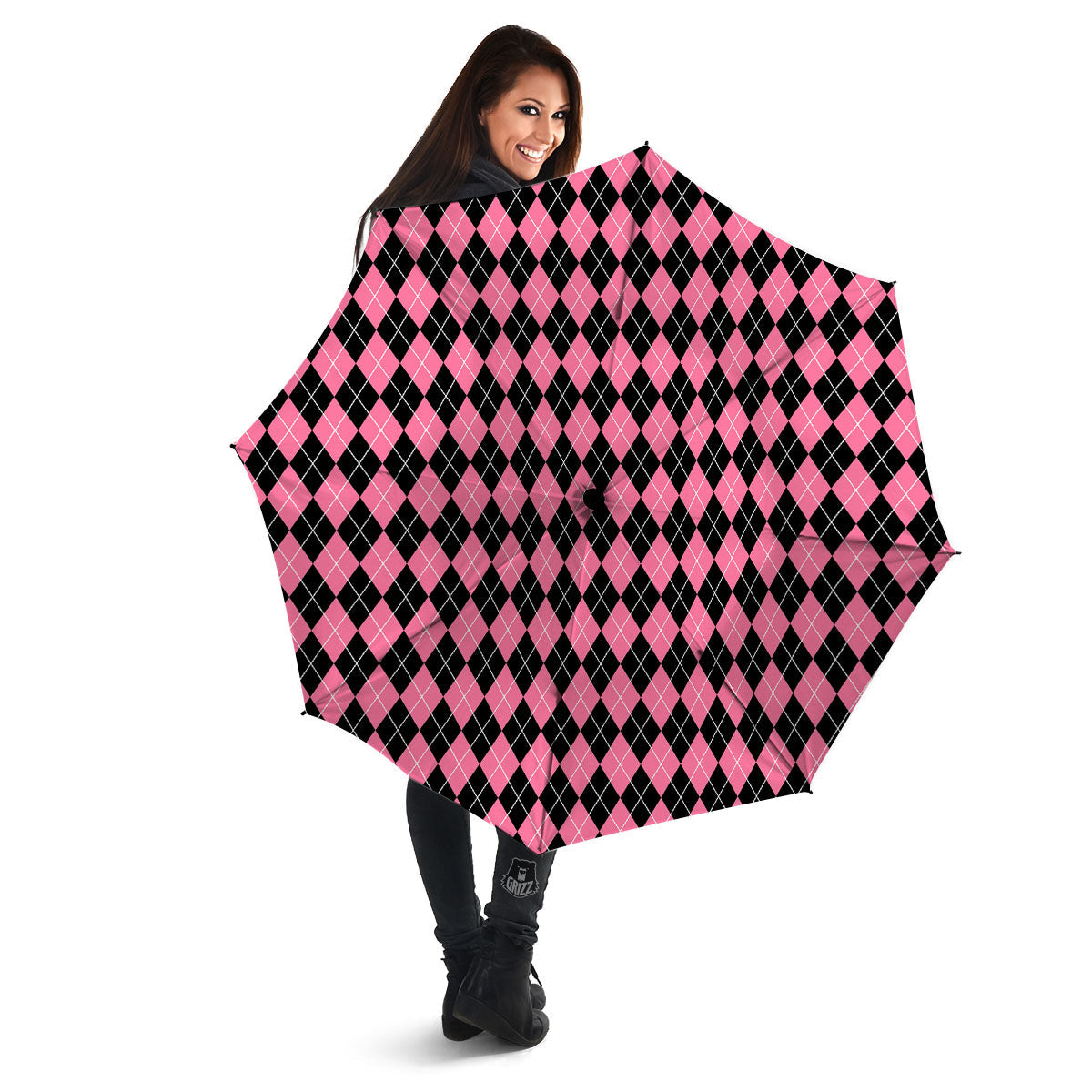 Argyle Black And Pink Print Pattern Umbrella-grizzshop