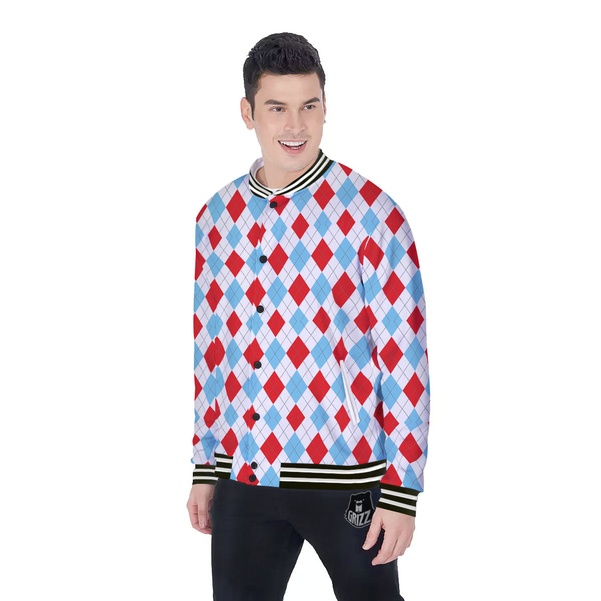 Argyle Blue And Red Print Pattern Baseball Jacket-grizzshop