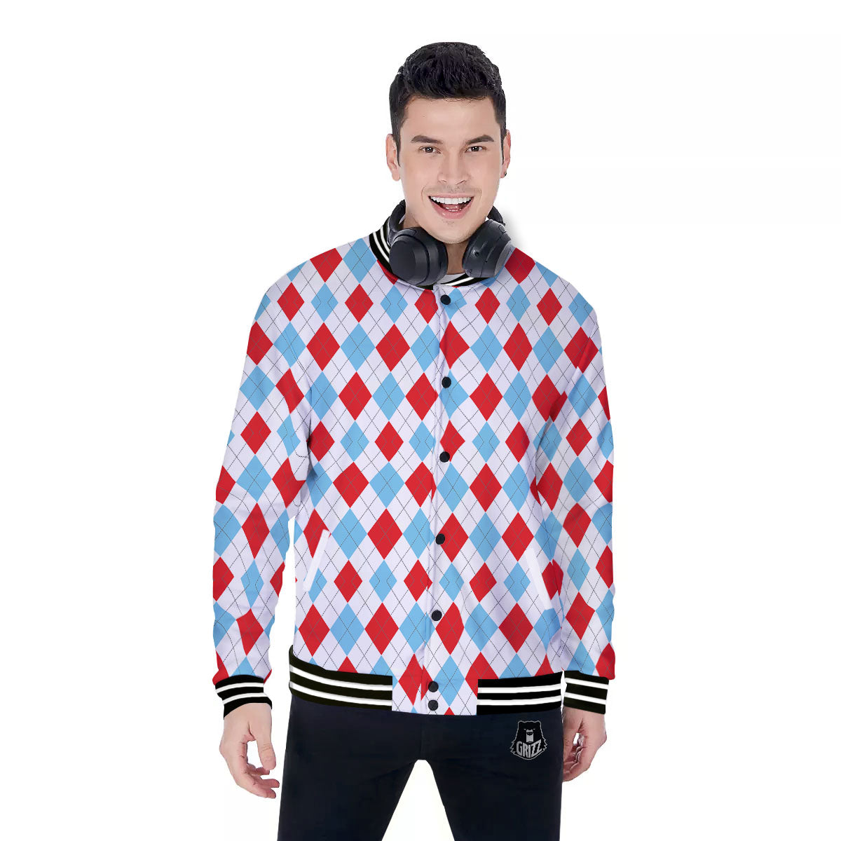 Argyle Blue And Red Print Pattern Baseball Jacket-grizzshop