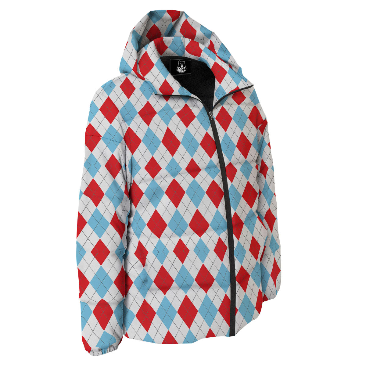 Argyle Blue And Red Print Pattern Down Jacket-grizzshop