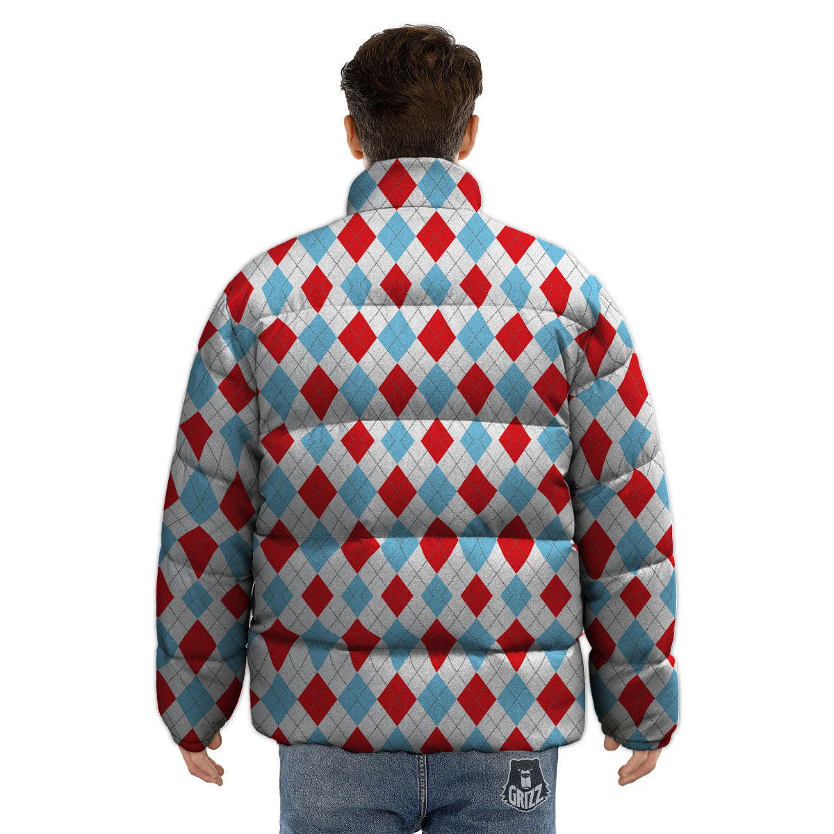 Argyle Blue And Red Print Pattern Puffer Jacket-grizzshop