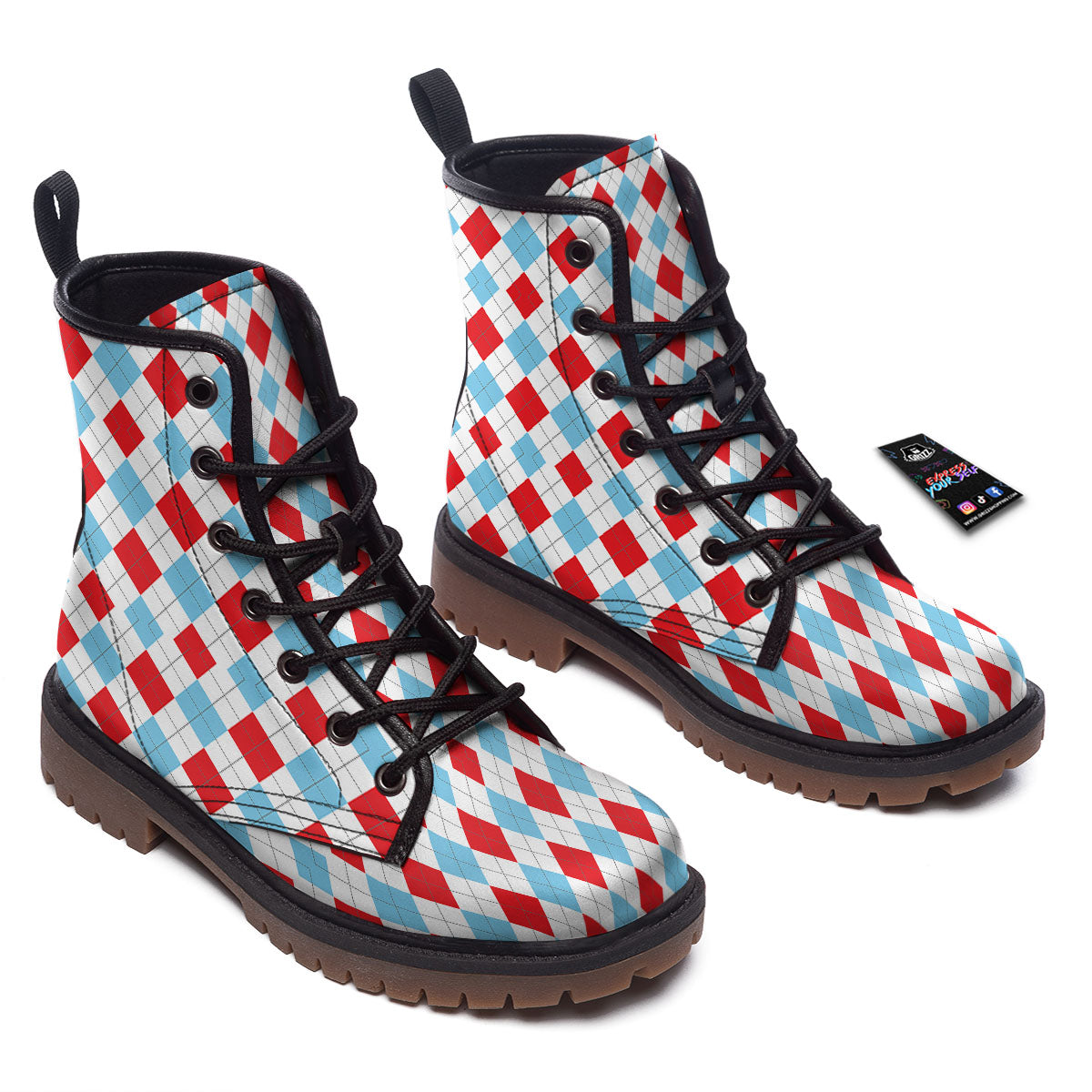 Argyle Blue And Red Print Pattern Work Boots-grizzshop