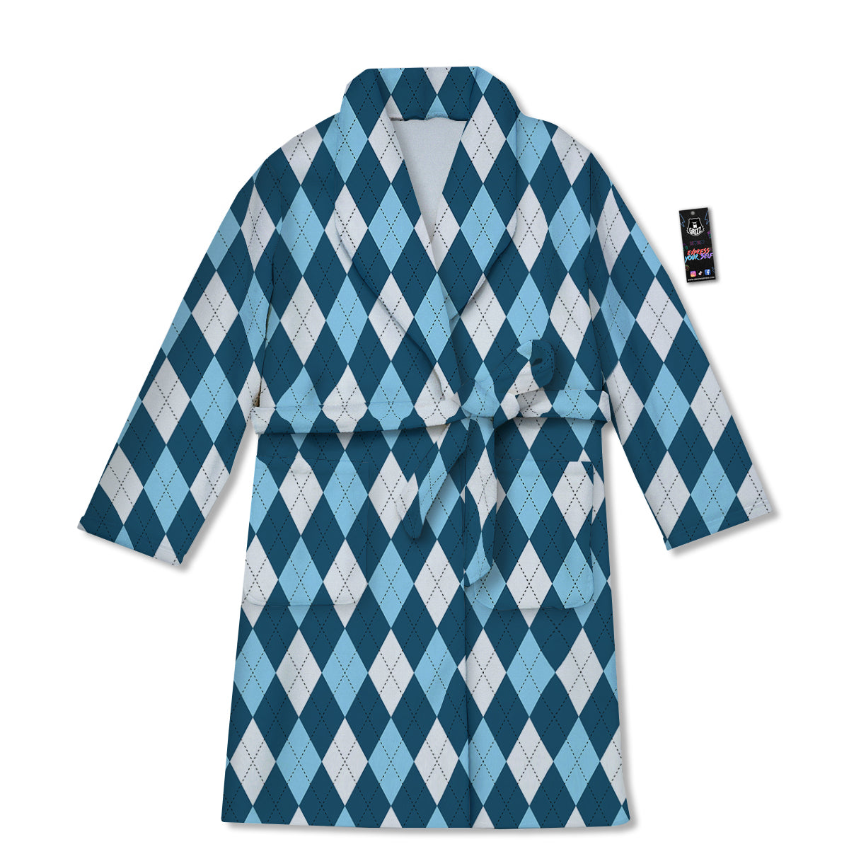 Argyle Blue And White Print Pattern Bathrobe-grizzshop