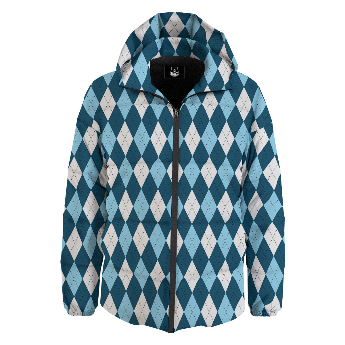 Argyle Blue And White Print Pattern Down Jacket-grizzshop
