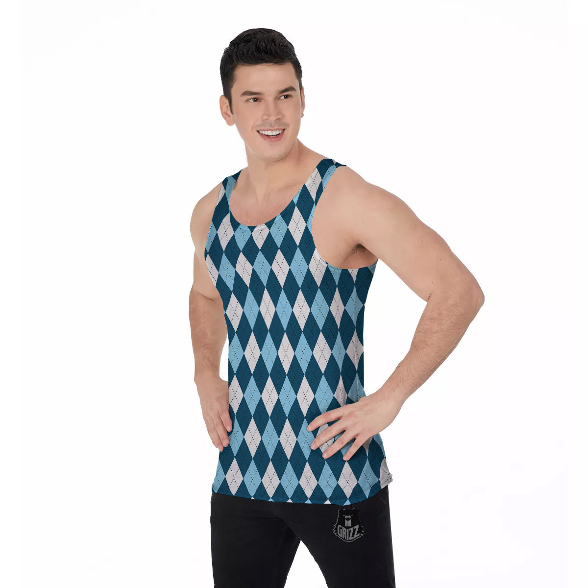 Argyle Blue And White Print Pattern Men's Tank Top-grizzshop