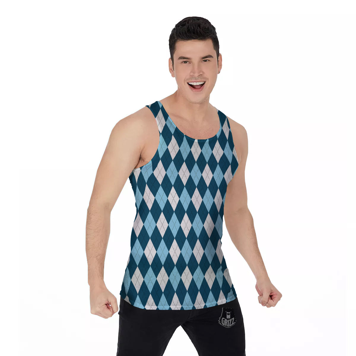 Argyle Blue And White Print Pattern Men's Tank Top-grizzshop