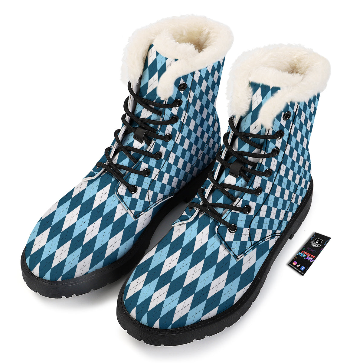 Argyle Blue And White Print Pattern Winter Boots-grizzshop